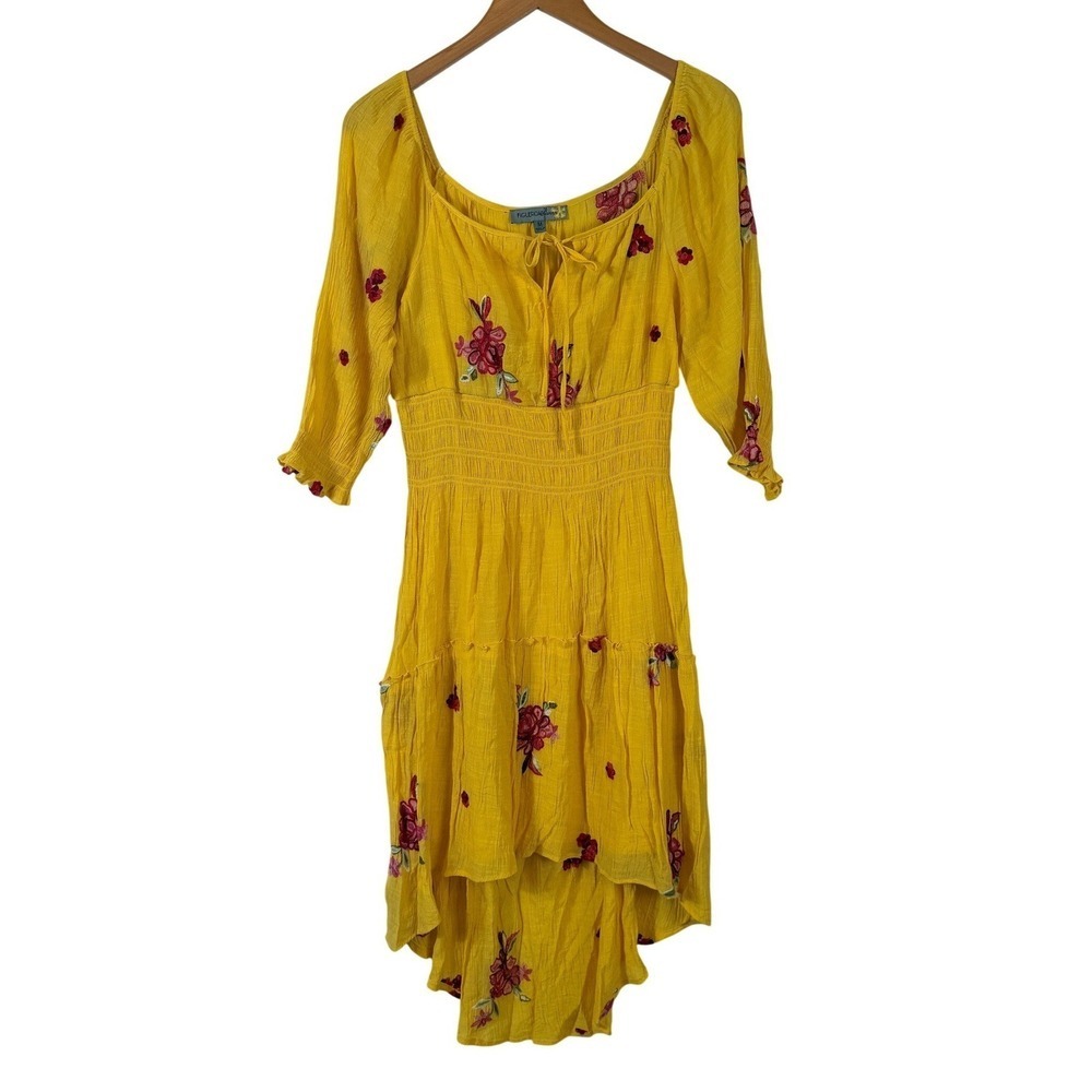 Figueroa & Flower Dress Sz M High Low Yellow Floral Embroidered Boho Smocked
